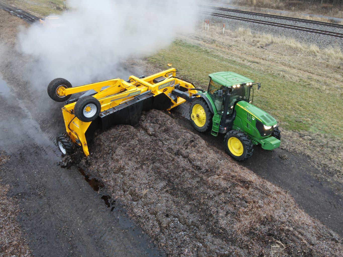 A tow-behind compost turner is ideal for processing agricultural waste.