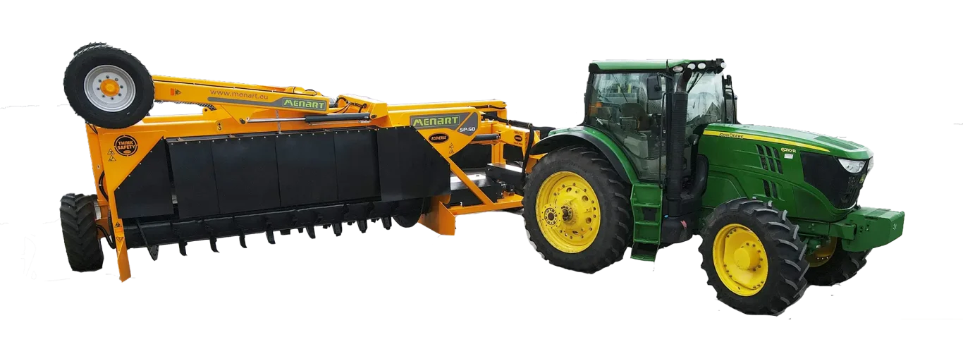A cut-out image of the Menart SP-40 tow-behind compost turner being pulled by a tractor.