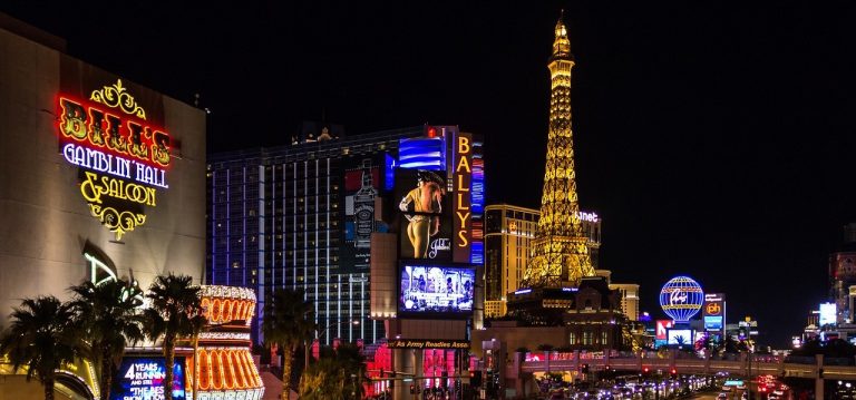 A nighttime view of the neon-filled Las Vegas skyline.