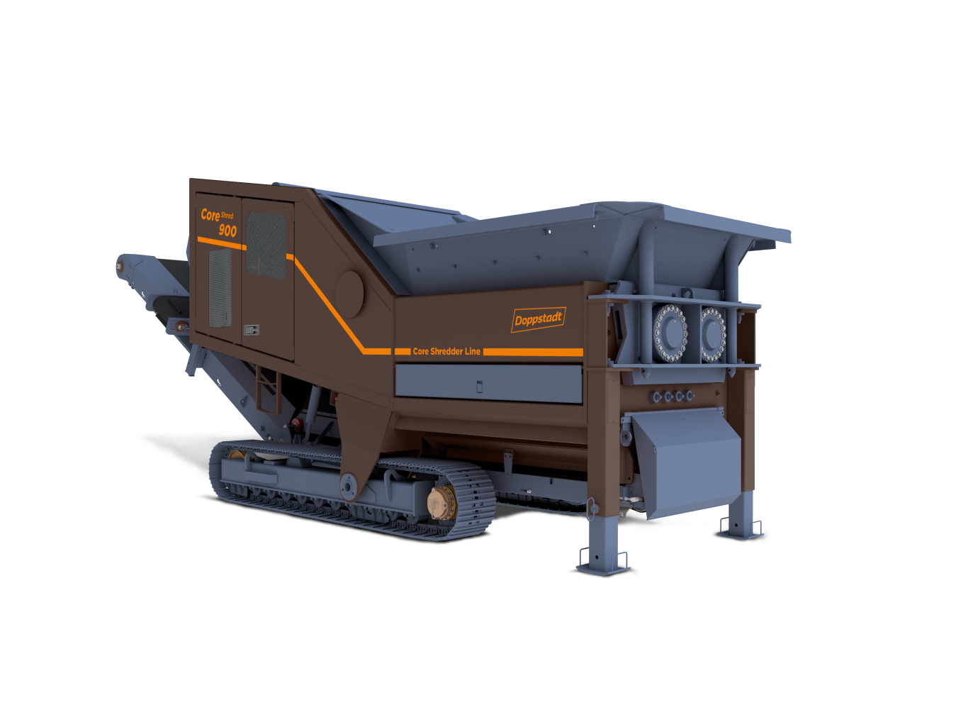 A cut-out image of the brown Doppstadt CoreShred 900 twin-shaft shredder with orange trim.