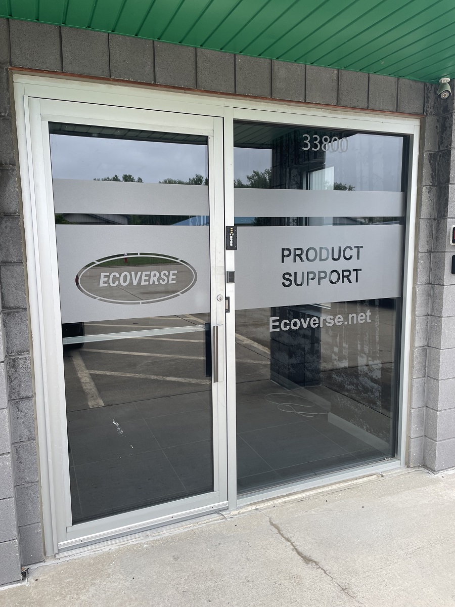 The front doors to the Ecoverse Product Support Center are shown, with the words 'Product Support" and the Ecoverse logo shown in frosted glass.