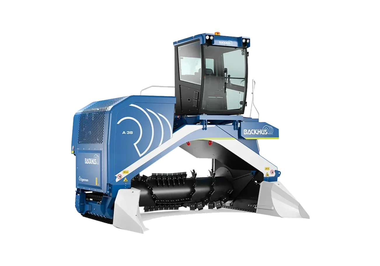A cut-out image of a BACKHUS A38 compost turner shows its large black steel drum and enclosed operator cab.