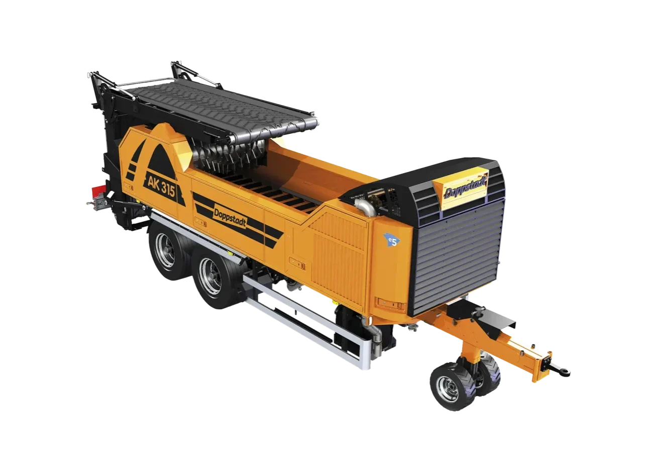 A cut-out image of a wheeled Doppstadt AK 315 grinder shows it in transport position.