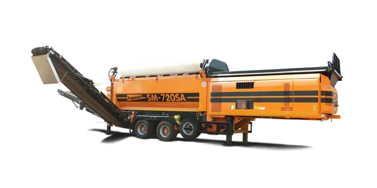 A cut-out image of a wheeled Doppstadt SM 720.2 SA trommel screen shows it with conveyors extended.