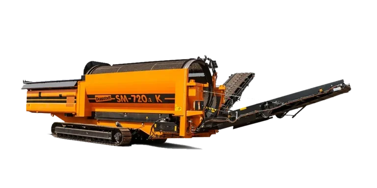 A cut-out image of a tracked Doppstadt SM 720.2 K trommel screen shows it with conveyors extended.