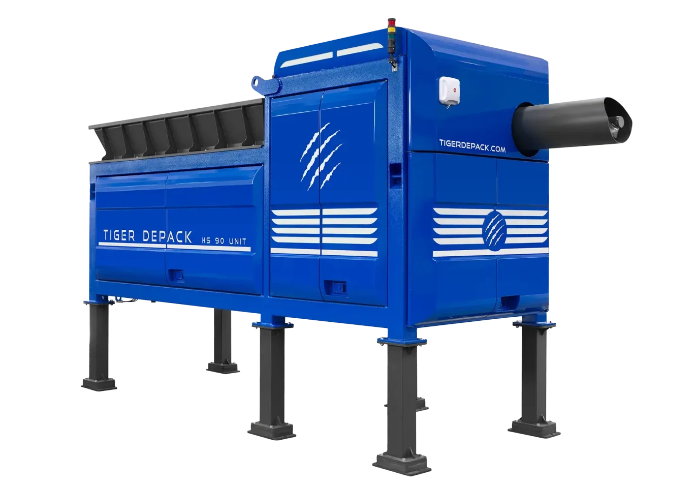 A cut-out image of the largest Tiger depackaging machine, the HS-90, is shown from the side.