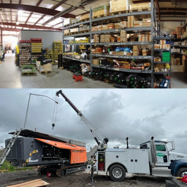 An image with racks of parts, and a crane helping an onsite service call.