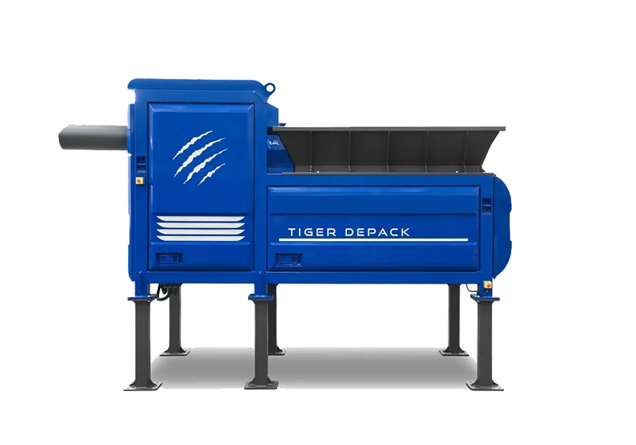 A cut-out image of a Tiger HS-30 depackaging machine is shown from the side.